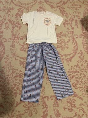 Zara White Tee with Blue Striped Pajama Pants Set